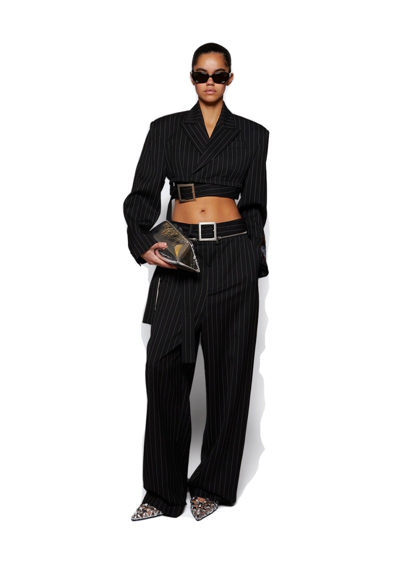 Jean Paul Gaultier Double-breasted Belted Cropped Pinstriped Wool-twill Blazer In Black