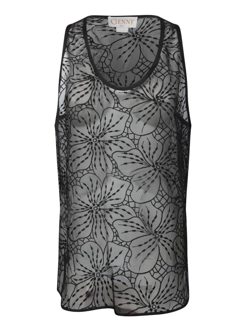 GENNY GENNY BLACK SILK TOP WITH SHEER FLORAL OVERLAY