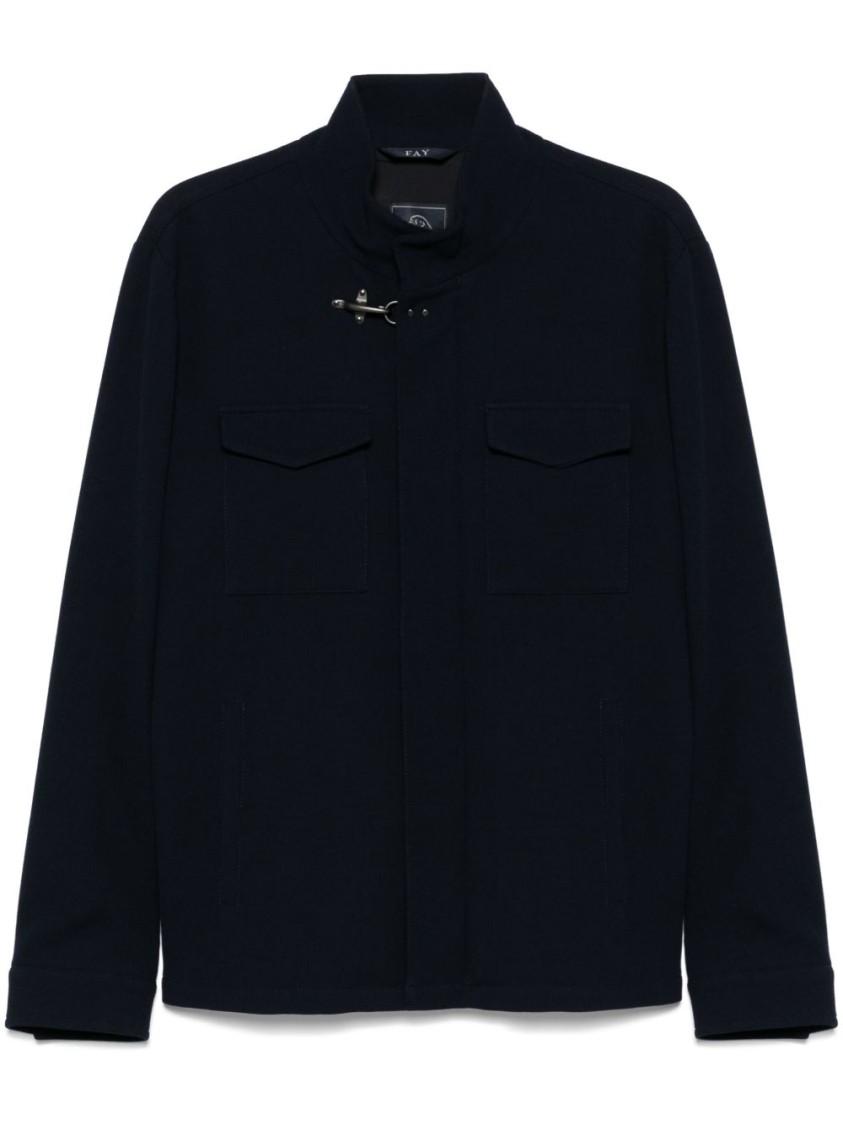 Fay Blue Jacket In Wool With Hook And Pockets In Blue