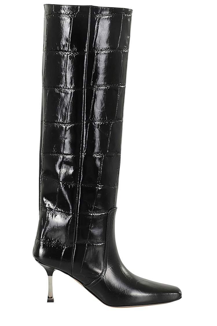 Paris Texas Croc-effect Leather Knee-high Boots In Black