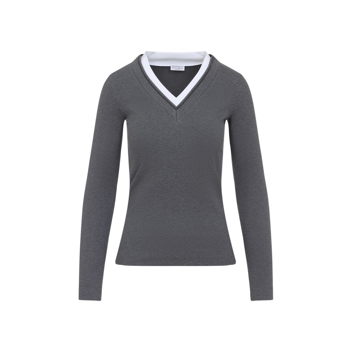 Brunello Cucinelli Ribbed Long Sleeves Top With Contrast Trim In Gray