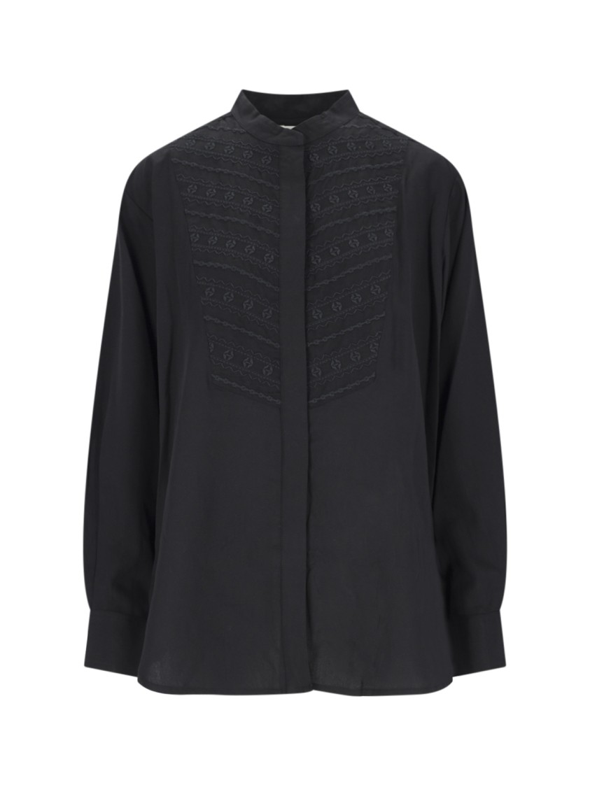 Shop Isabel Marant Étoile Embroidered Black Tencel Shirt With Mandarin Collar