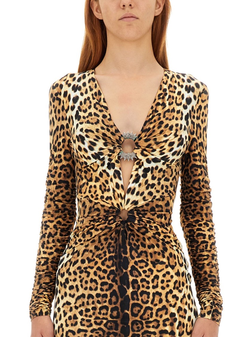 Shop Roberto Cavalli Leopard Print Bodycon Mini Dress With Decorative Detail In Brown