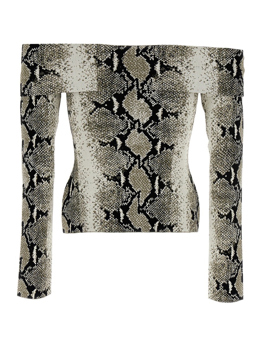 Khaite Vivi Snakeskin-print Foldover Off-the-shoulder Top In Green