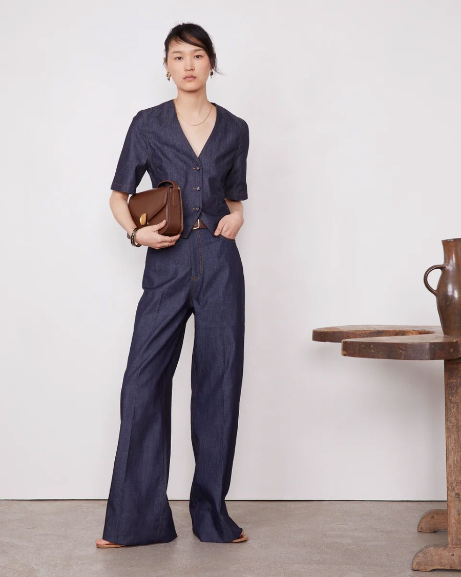 Officine Generale Dark Indigo Mid Waisted Wide Leg Jeans In Black