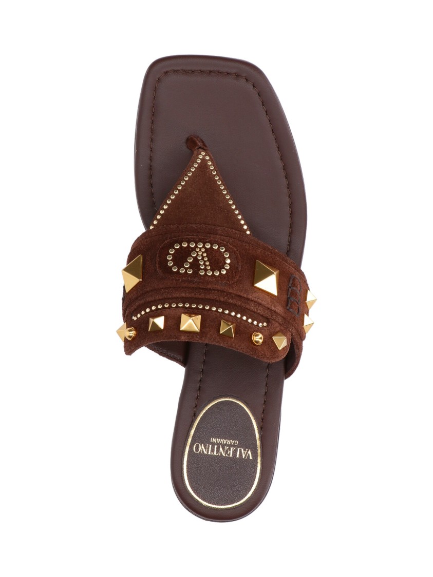Valentino Garavani Plaster Caster Flip Flops With Gold Accents And Open Toe In Brown