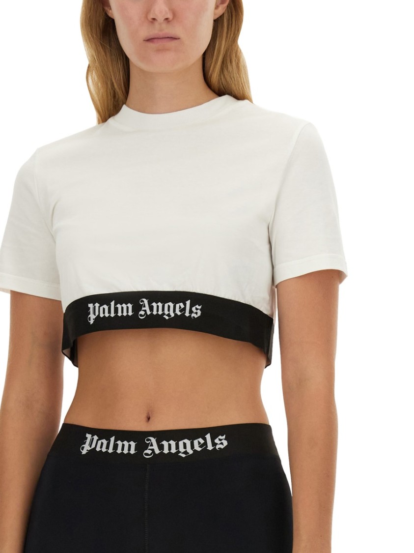 Palm Angels White Cropped T-shirt With Jacquard Logo In Cotton Woman In White