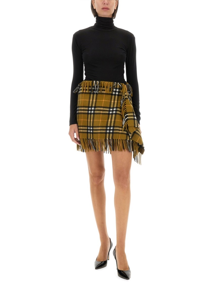 Shop Burberry Wool And Cashmere Check Scarf Style Skirt In Brown