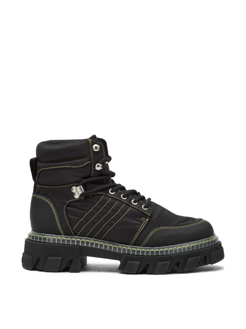 Ganni Cleated Lace Up Hiking Boots In Black