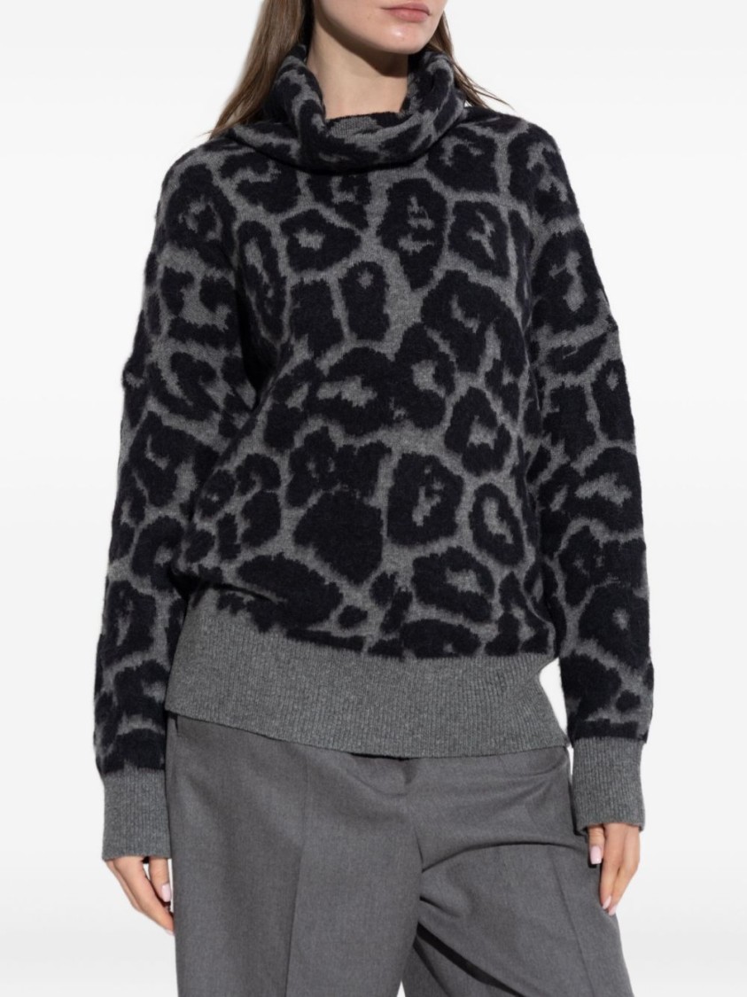 Stella Mccartney Leopard Print Turtleneck Wool Sweater In Gray