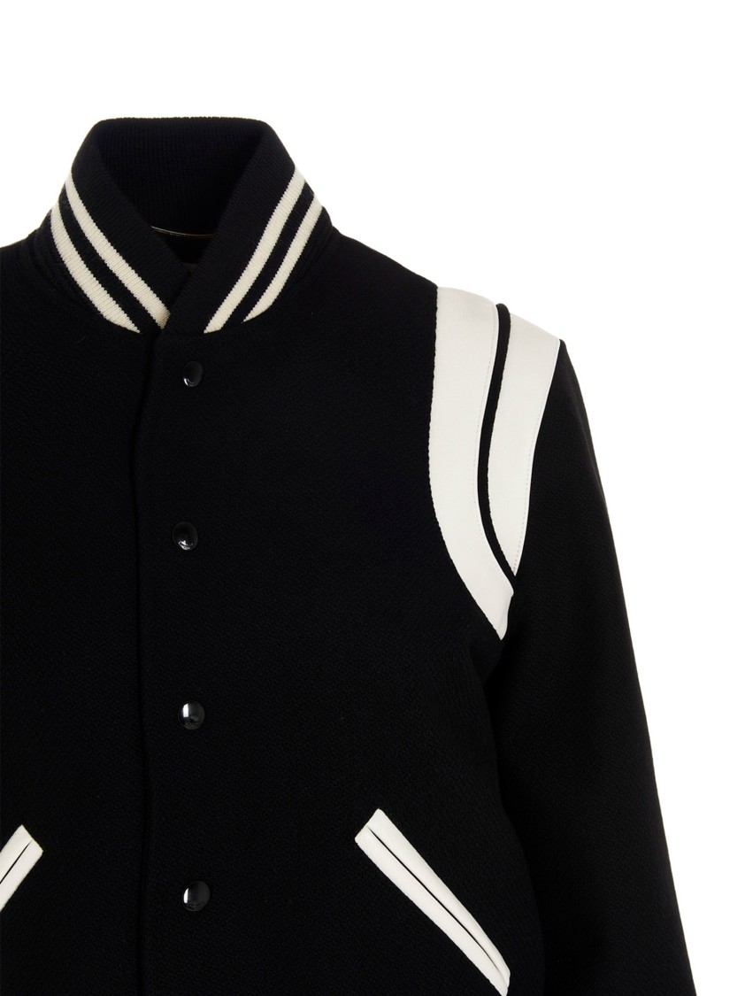 Saint Laurent Teddy Wool Jacket With Leather Profiles In Black