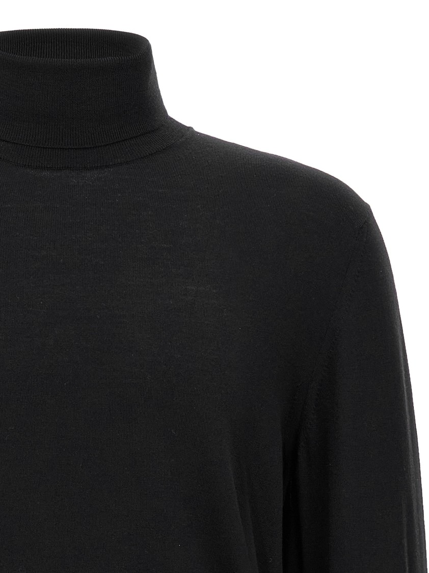 Zanone Fitted Black Wool Turtleneck Sweater With Long Cuffed Sleeves In Black