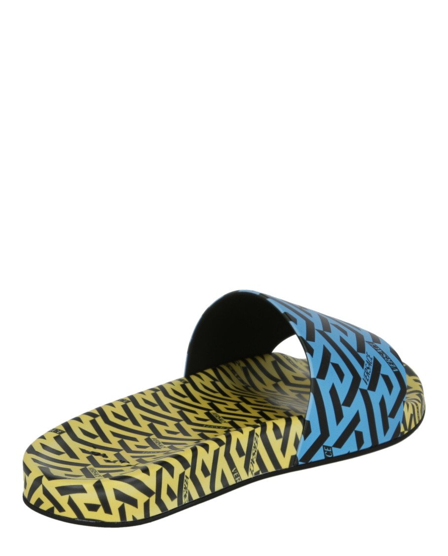 Versace Greca Print Slides In Blue
