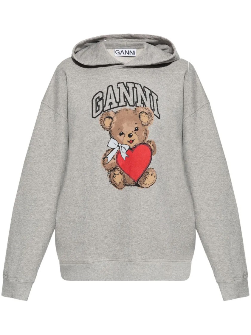 Ganni Bear Print Hooded Sweatshirt In Gray