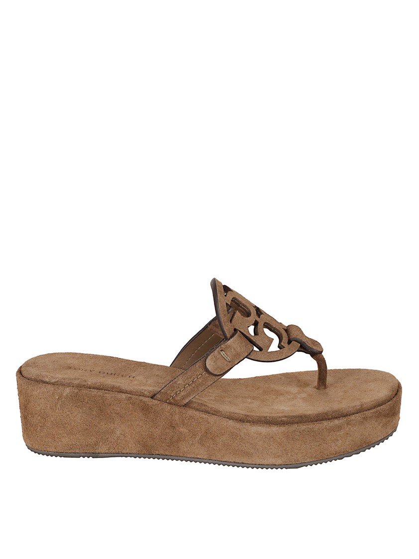Tory Burch Wedge Sandals With Distinctive Cut-out Logo In Brown
