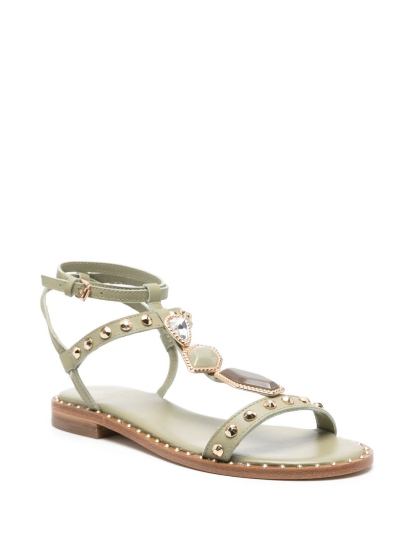 Ash Strappy Green Sandals With Gemstone Embellishments