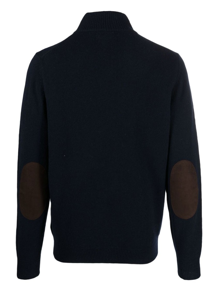 Barbour Navy Blue Wool Knit Sweater With Button Placket And Stand-up Collar In Black