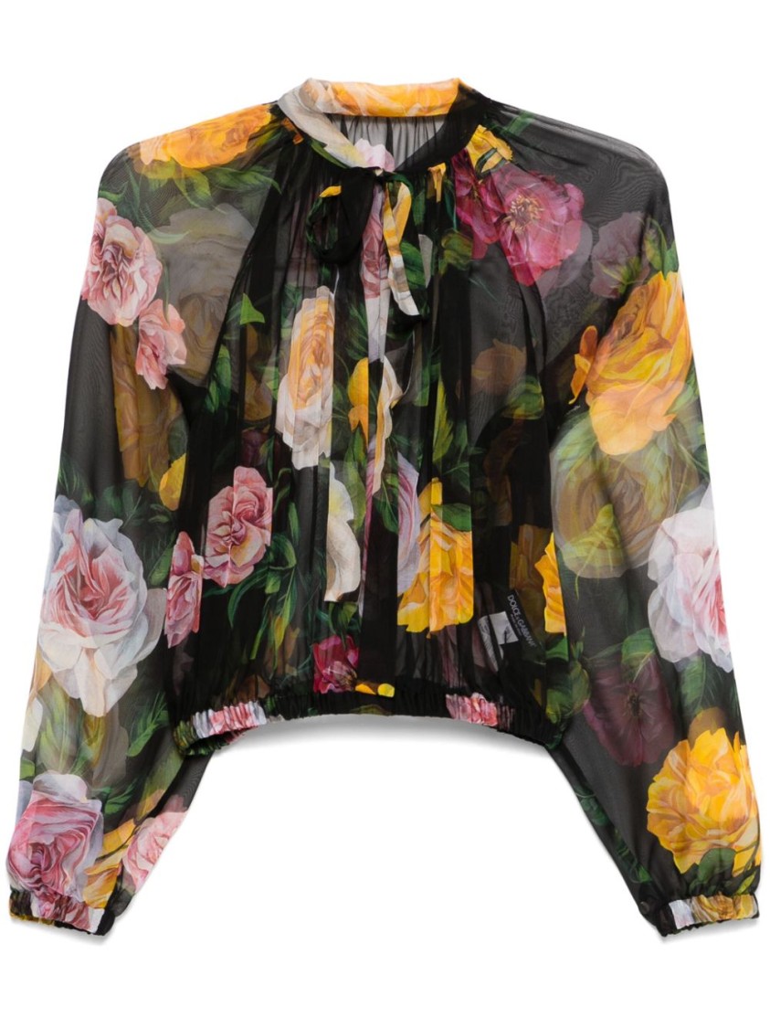 Dolce & Gabbana Rose Tie-neck Chiffon Cropped Blouse In Black
