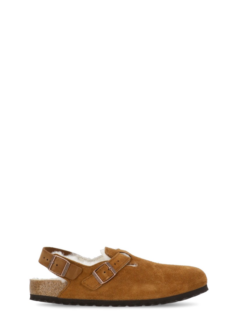 Birkenstock Tokio Shearling Buckled Suede Clogs In Brown
