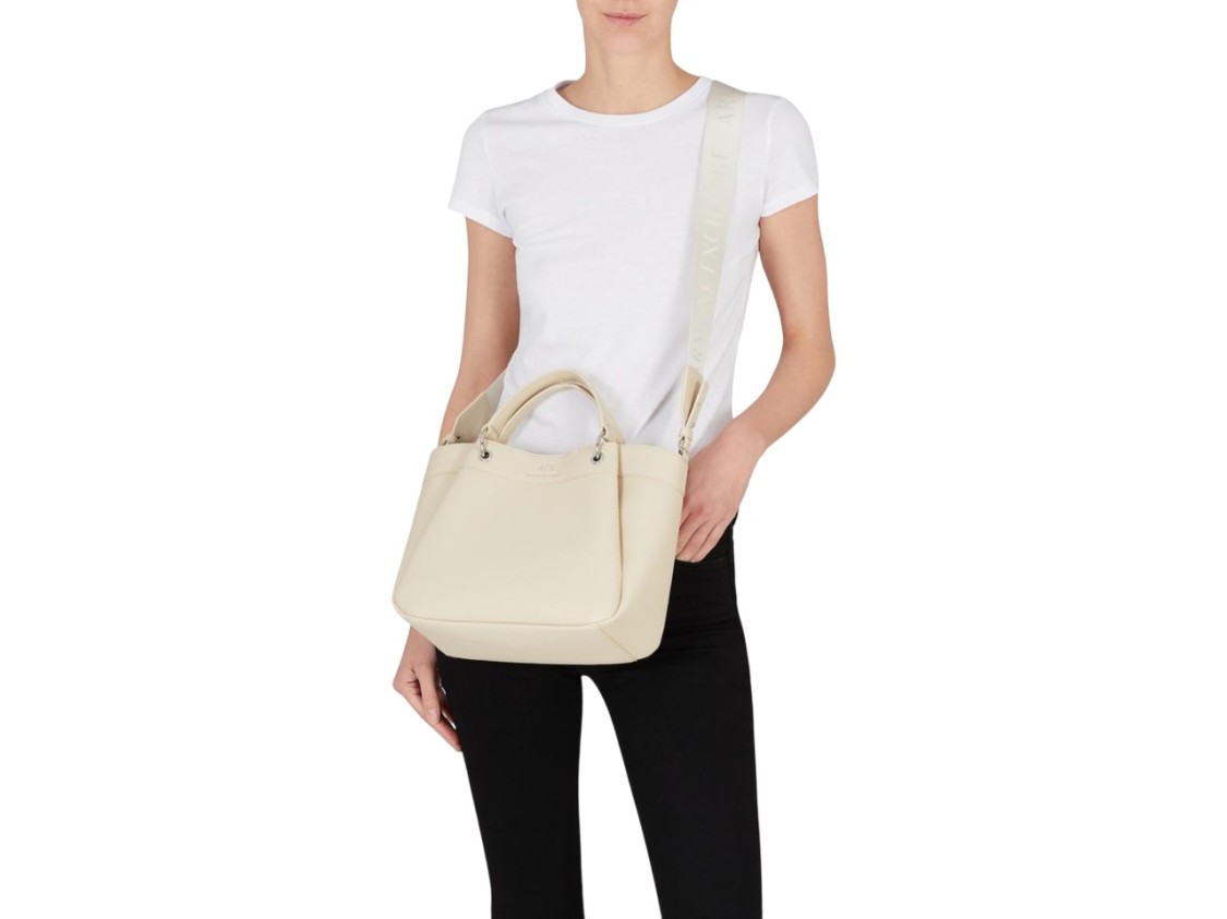 Armani Exchange Textured Beige Shopper Bag With Dual Handles In White