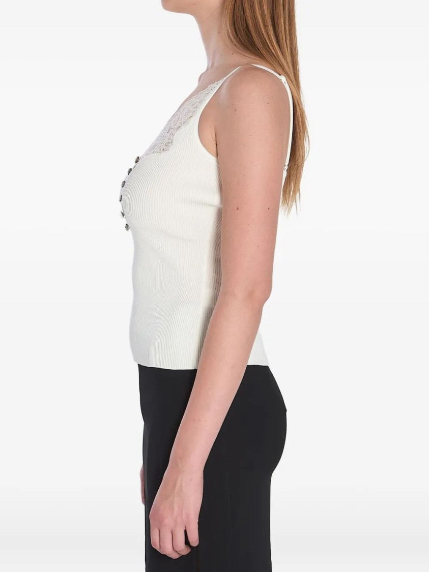 Self-portrait Lace-trimmed Ribbed Top In White