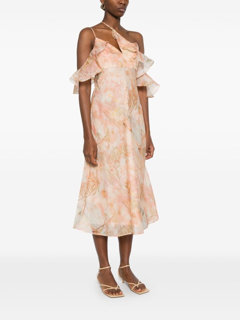 Zimmermann Floral Print Midi Dress With Ruffled Sleeves In Neutral