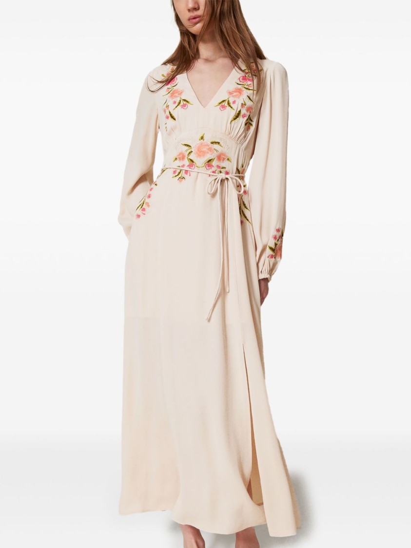 Shop Twinset Twin-set Maxi Dress With Deep V-neckline Andcut-out Detail In Neutrals