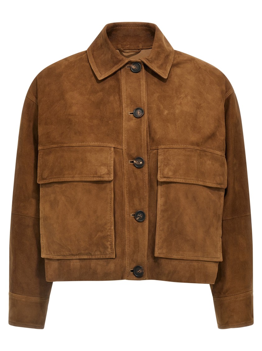 Brunello Cucinelli Wide-cropped Brown Suede Jacket Button Closure