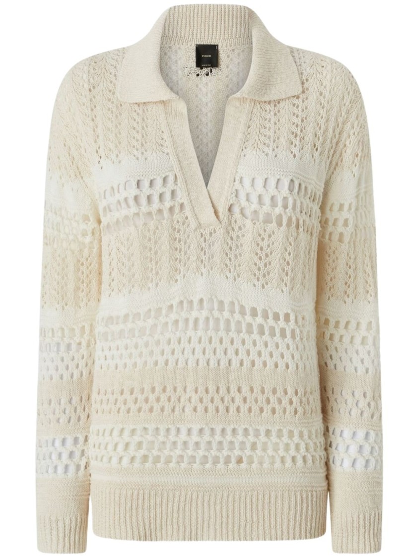 Pinko Textured Knit White Sweater With Stylish Collar In Neutrals