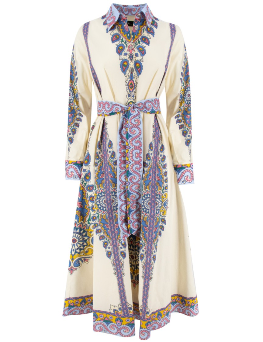 Etro Cotton Poplin Maxi Dress With Paisley Medallion And Contrasting Belt