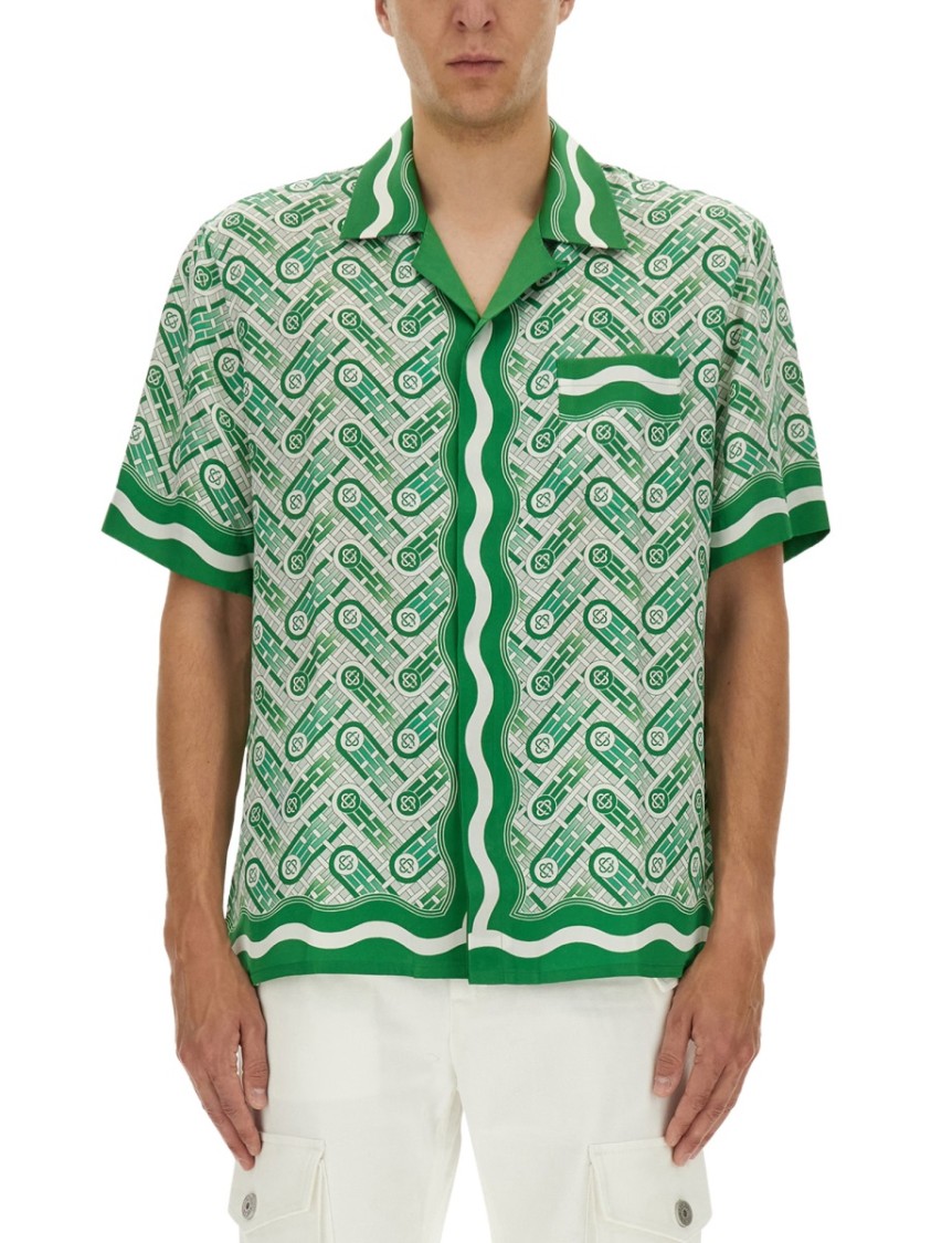 Casablanca Mens Green Ping Pong Ping Pong Monogram Cuban-collar Short-sleeve Silk Shirt In Green