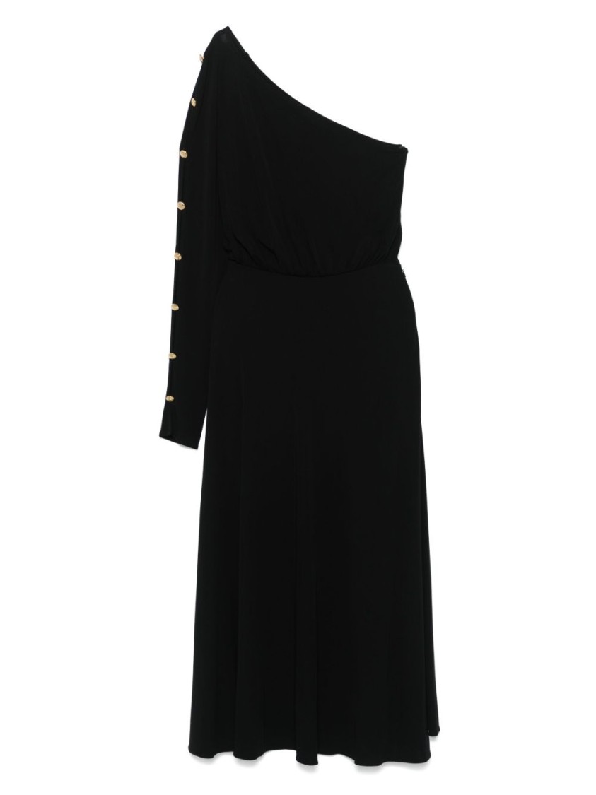 Shop Elisabetta Franchi Flowing One-shoulder Black Dress With Decorative Buttons