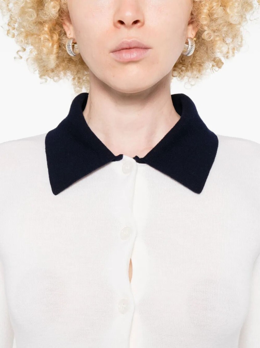 Self-portrait Button-front Cream Merino Wool Cardigan With Contrasting Collar In White