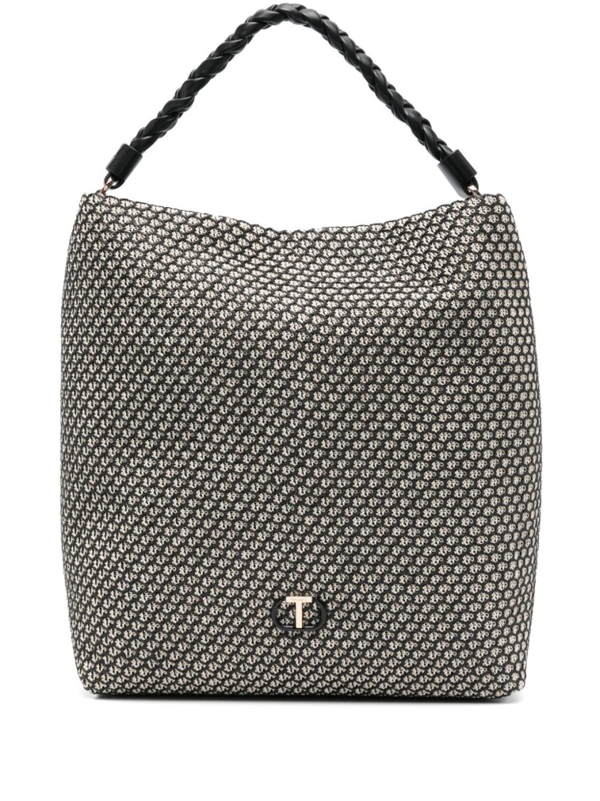 Shop Twinset Twin-set Textured Black Handbag With Braided Handle And Concealed Fastening