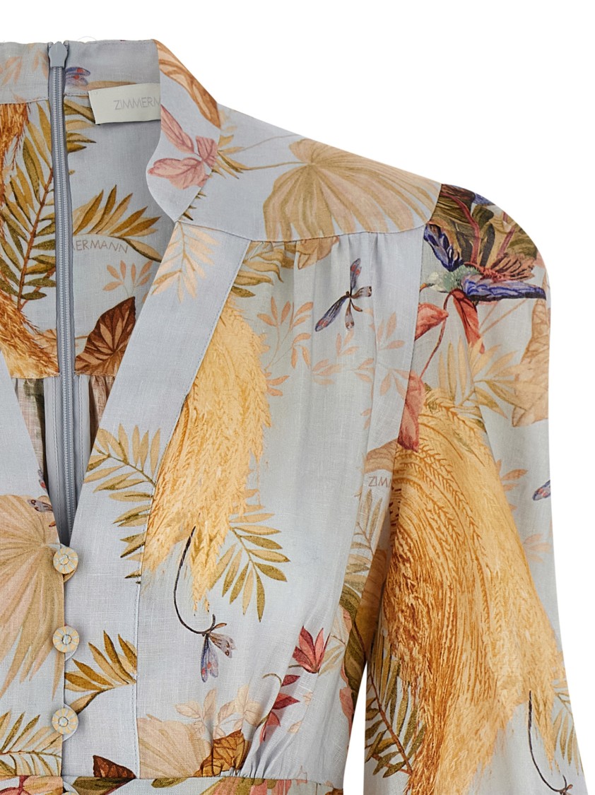 Zimmermann Ascension Plunge Printed Linen Dress In Gray