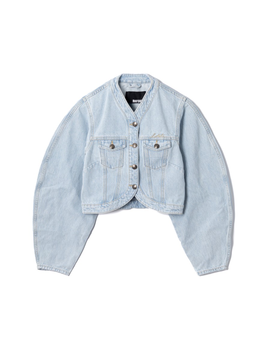 Rotate Birger Christensen Rotate Cropped Round Sleeve Denim Jacket In Light Blue