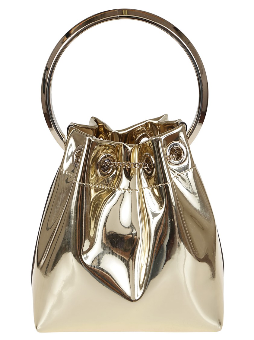 Jimmy Choo Shiny Mirror-effect Bon Bon Bag With Chain Drawstring And Metal Handle
