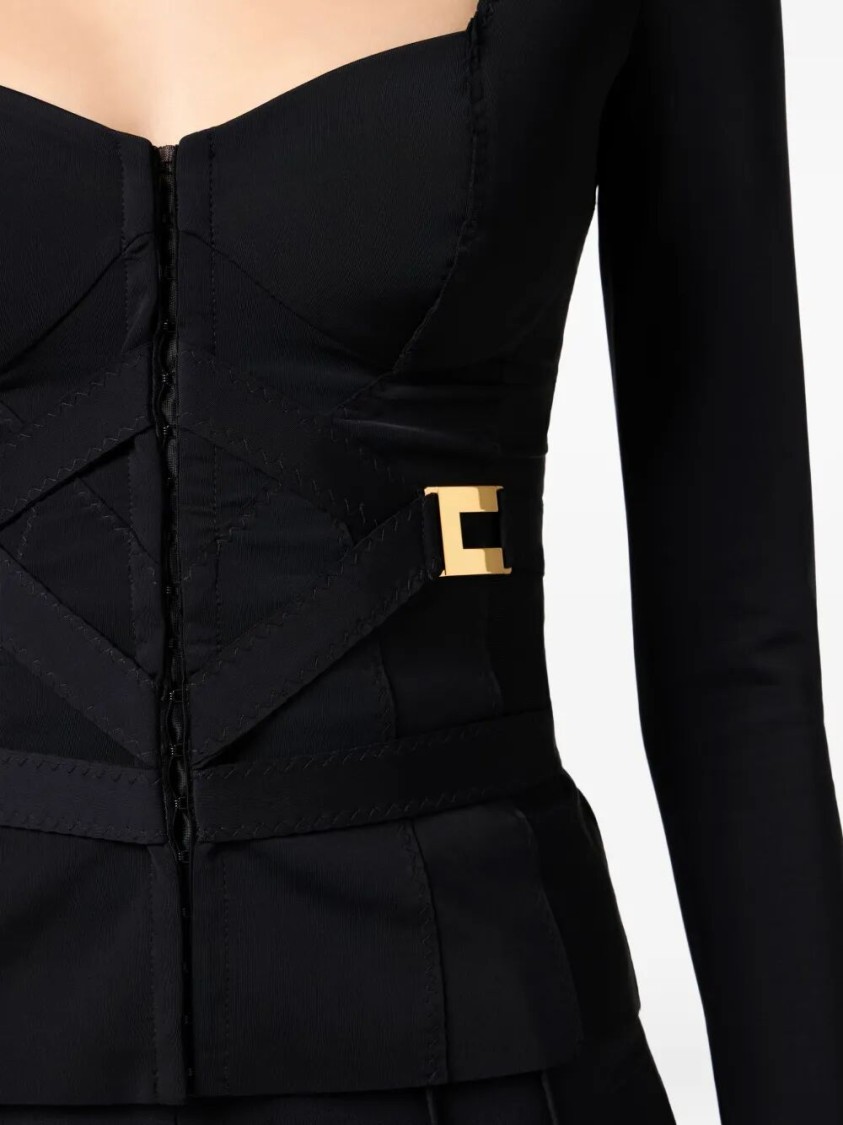 Elisabetta Franchi Cross-front Paneled Jacket With Sweetheart Neckline And Buckle Detailing In Black