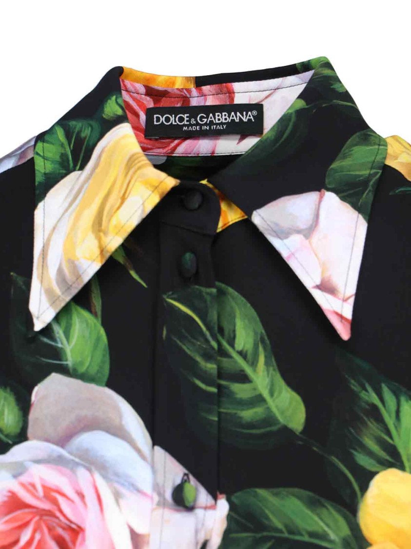 Dolce & Gabbana Multicolor Shirt With Oversize Pointed Collar And All-over Floral Motif In Silk Stretch Woman In Black