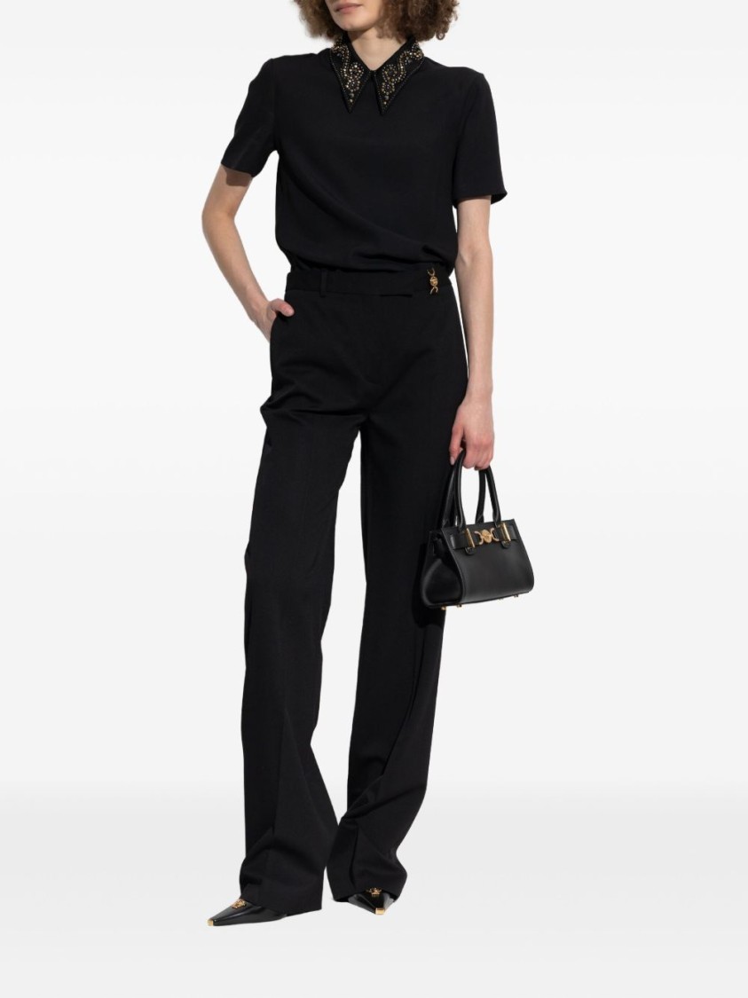 Versace Pointed Collar Black Shirt With Gold And Silver Embellishments In Black