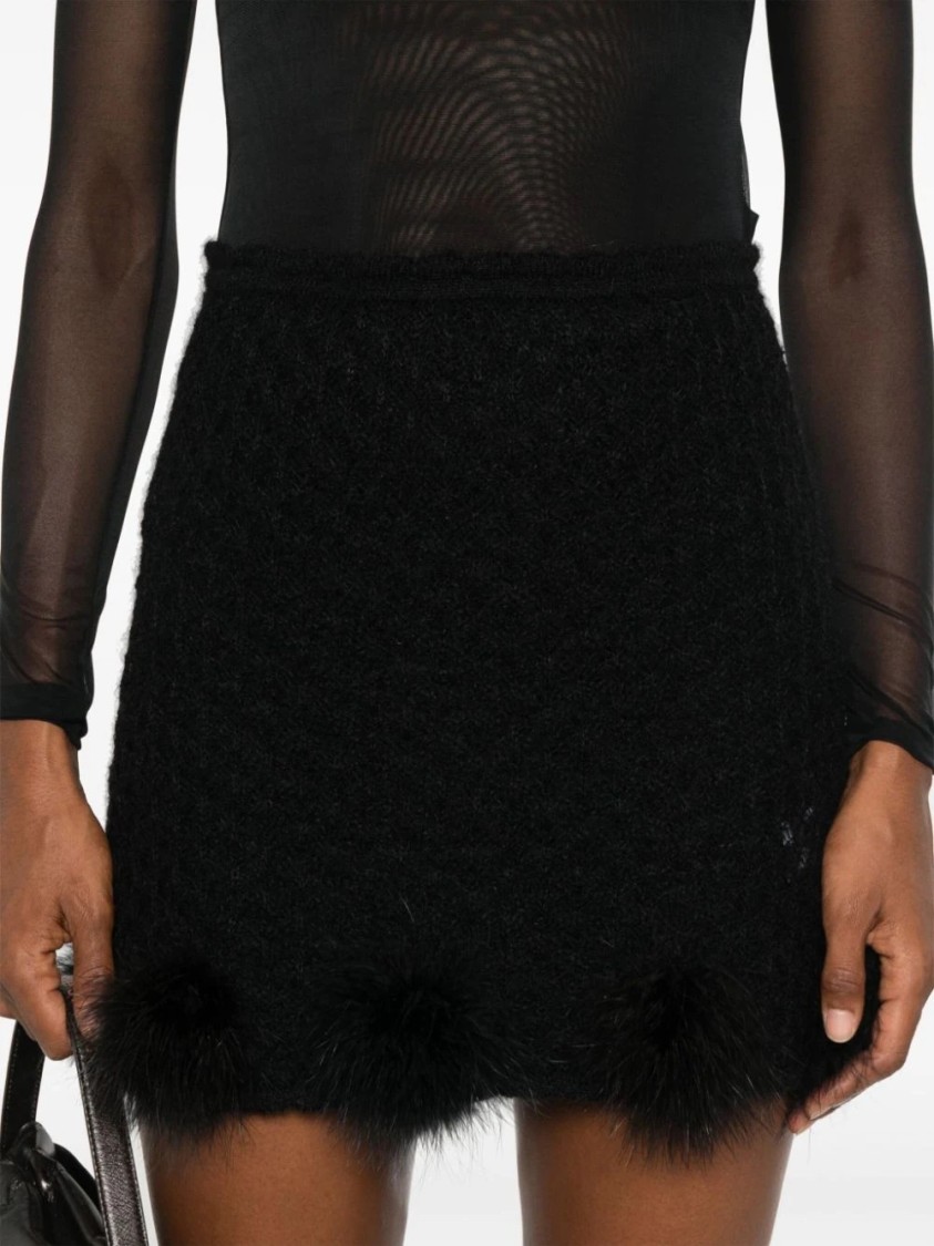 Blumarine Textured Knit Mini Skirt With Whimsical Fur Pom-poms In Black