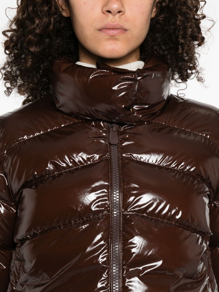 Pinko Quilted Brown Coat With High-shine Finish And Funnel Neck In Brown