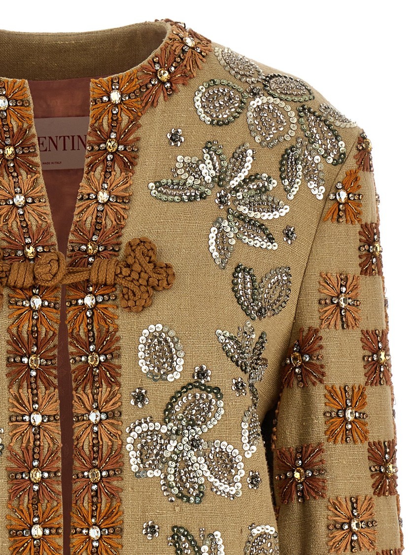 Valentino Garavani Linen Blazer With Intricate Ethnic Embroidery In Brown