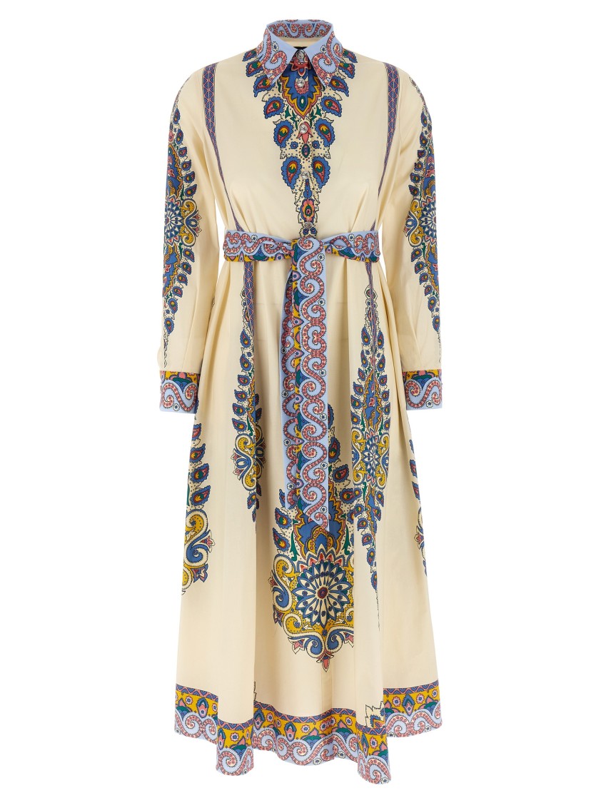 Etro Cotton Poplin Maxi Dress With Paisley Medallion And Contrasting Belt In Blue