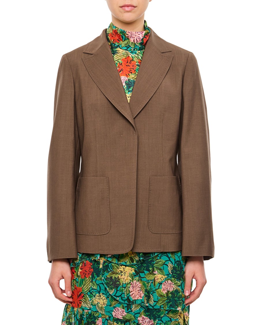 Fendi Tailored Waisted Blazer With Embroidered Logo In Brown