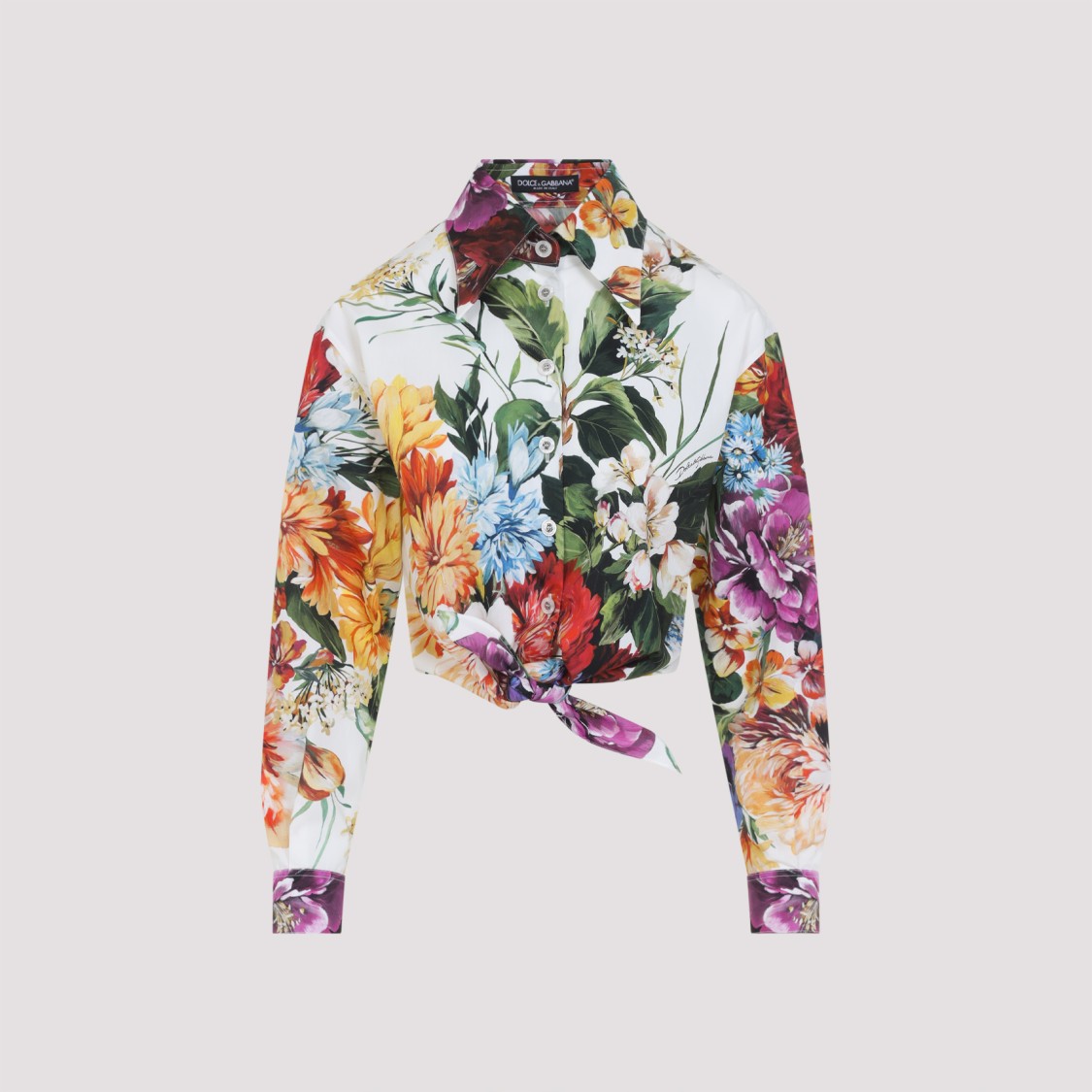Dolce & Gabbana Multicolor Cropped Shirt With Tie Closure On The Front And All-over Floral Print In Cotton Woman