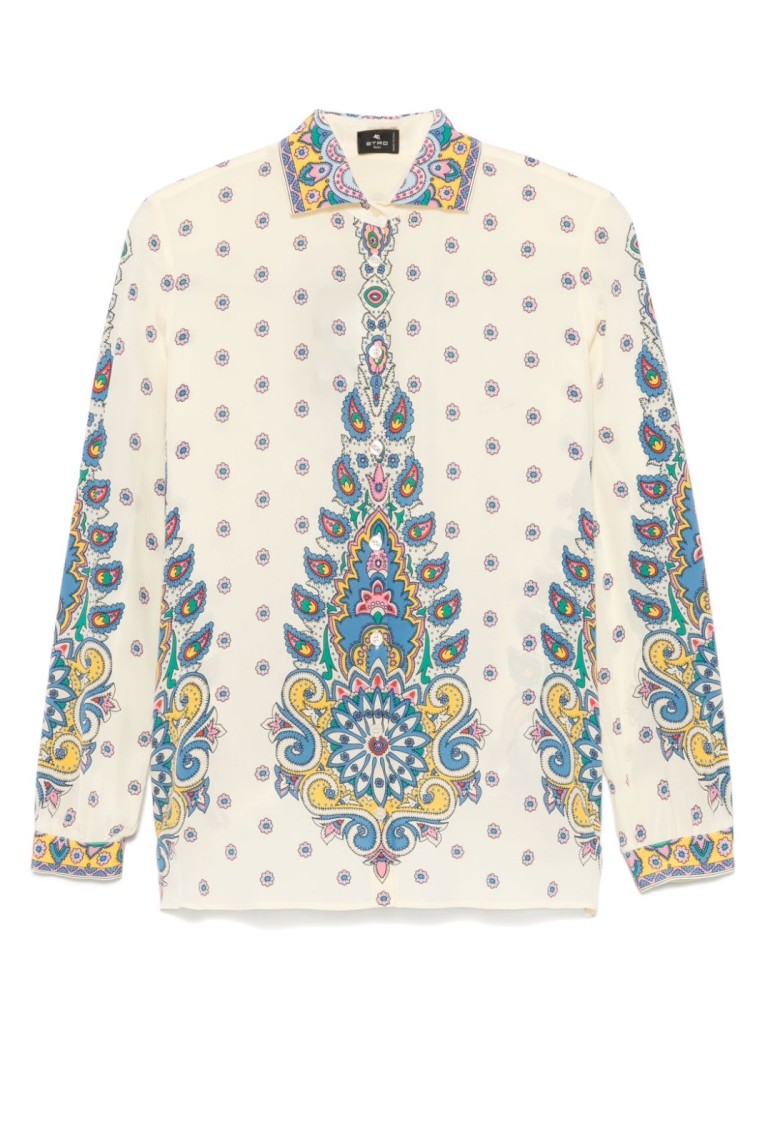 Etro Ivory Paisley Print Silk Twill Shirt In Gray