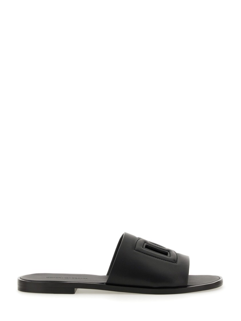 Dolce & Gabbana Black Sandals With Dg Logo Cut-out In Leather Man In Black