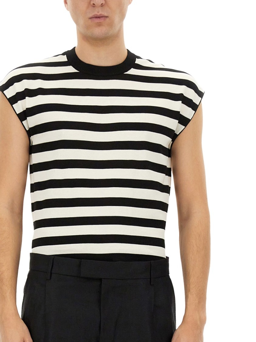 Dolce & Gabbana Black And White Sleeveless Top With Round Neck And All-over Strpied Motif In Multicolor