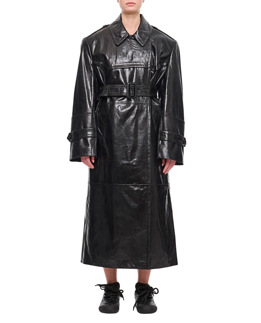 ジャケット Sportmax Black trench coat in semi-glossy nappa leather Sportmax Black Trench Coat In Semi-glossy Nappa Leather